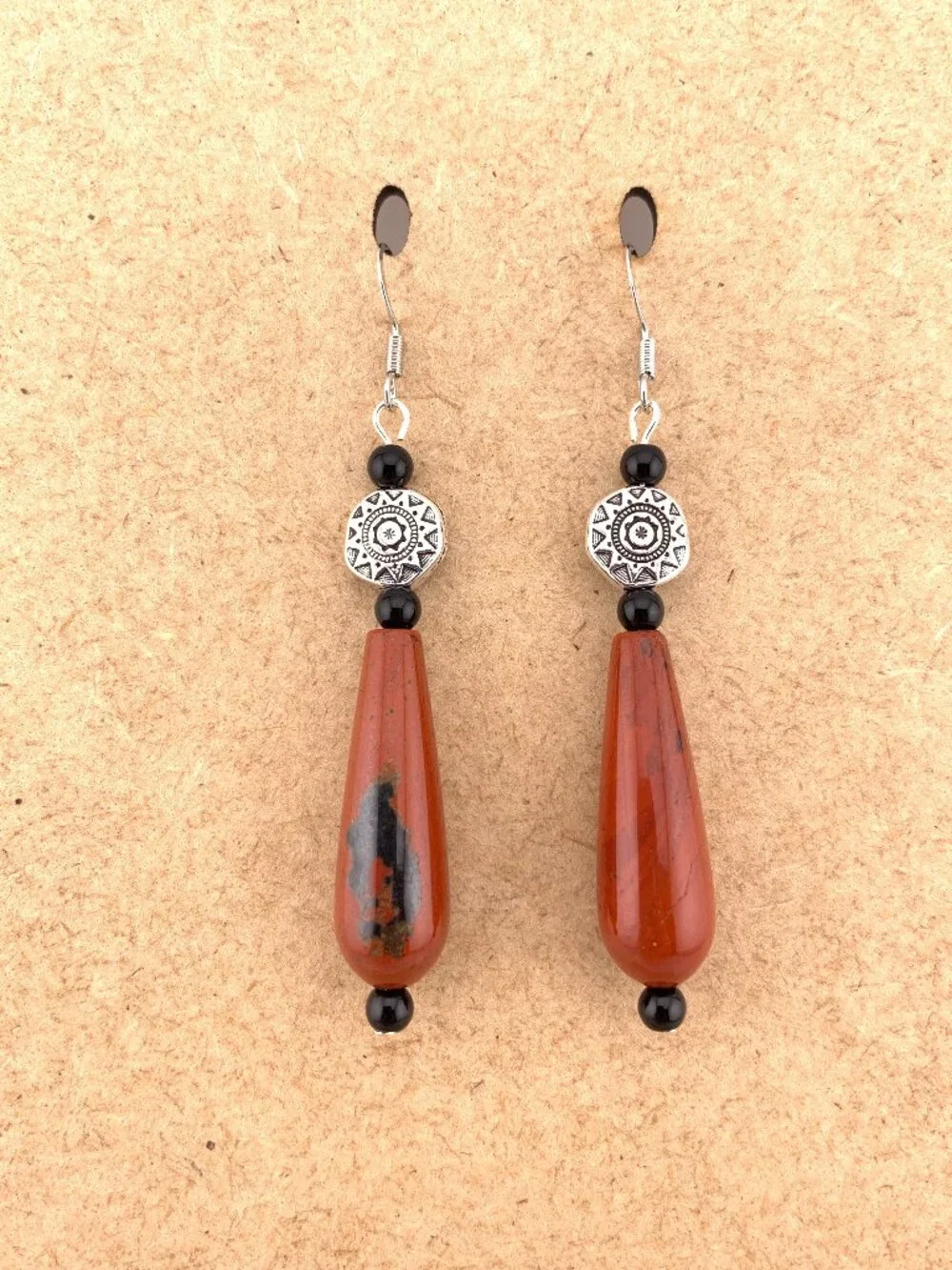 Mahogany Red Jasper Black Onyx Silver Boho Bead Long Handmade Earrings LR211